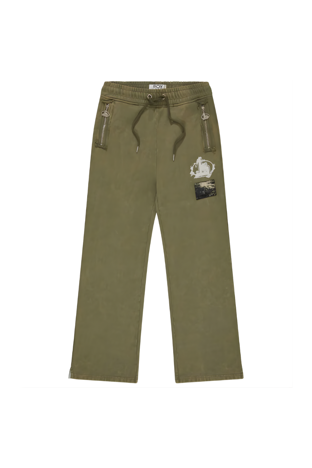 Green BOY London pants with patches on a white background