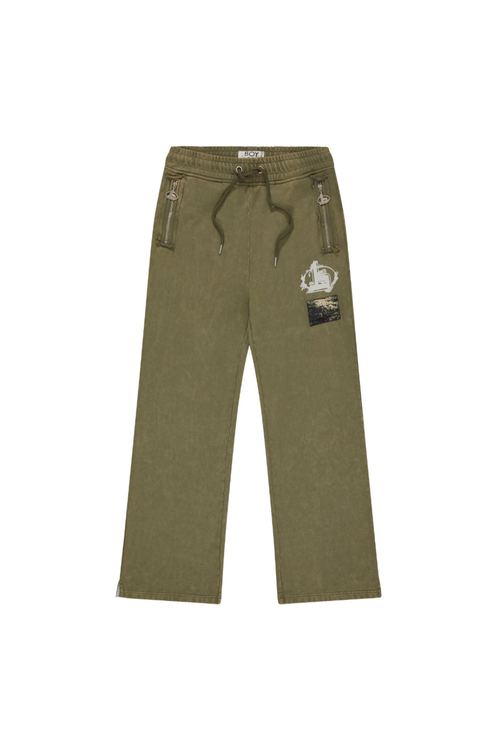 Green pants with a patch on a white background