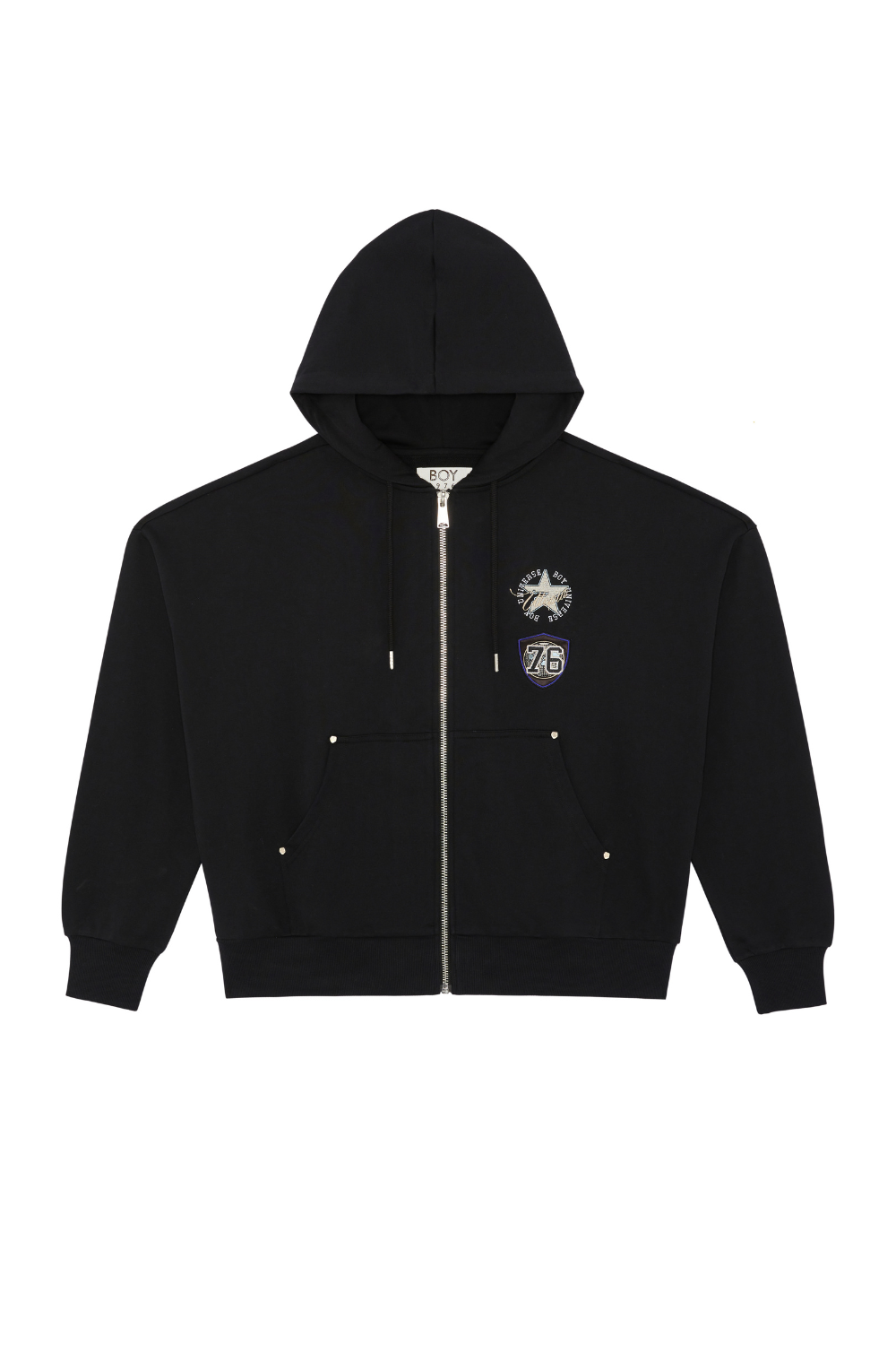 Black BOY London hoodie with a logo on the chest against a white background