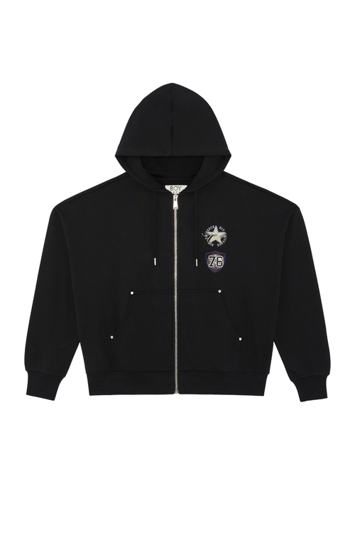 Black hoodie with a logo on the chest against a white background