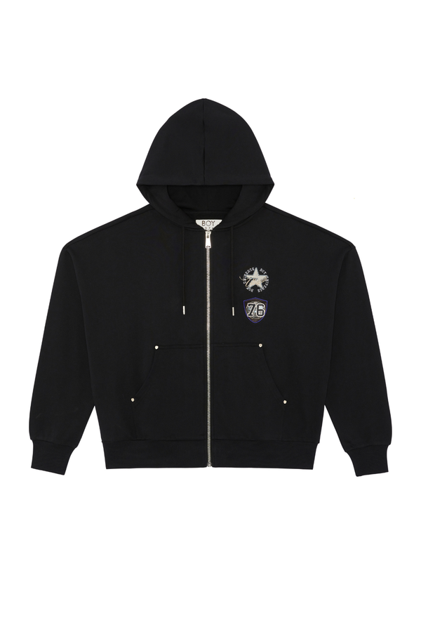 Black hoodie with a logo on the chest against a white background
