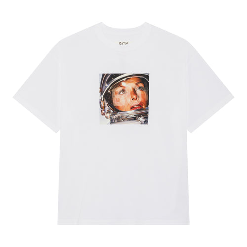 White Boy London crew neck t-shirt with a centered printed image of an astronaut's face on the front.