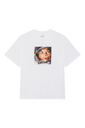 White BOY London t-shirt with a graphic of a person in a helmet on a white background