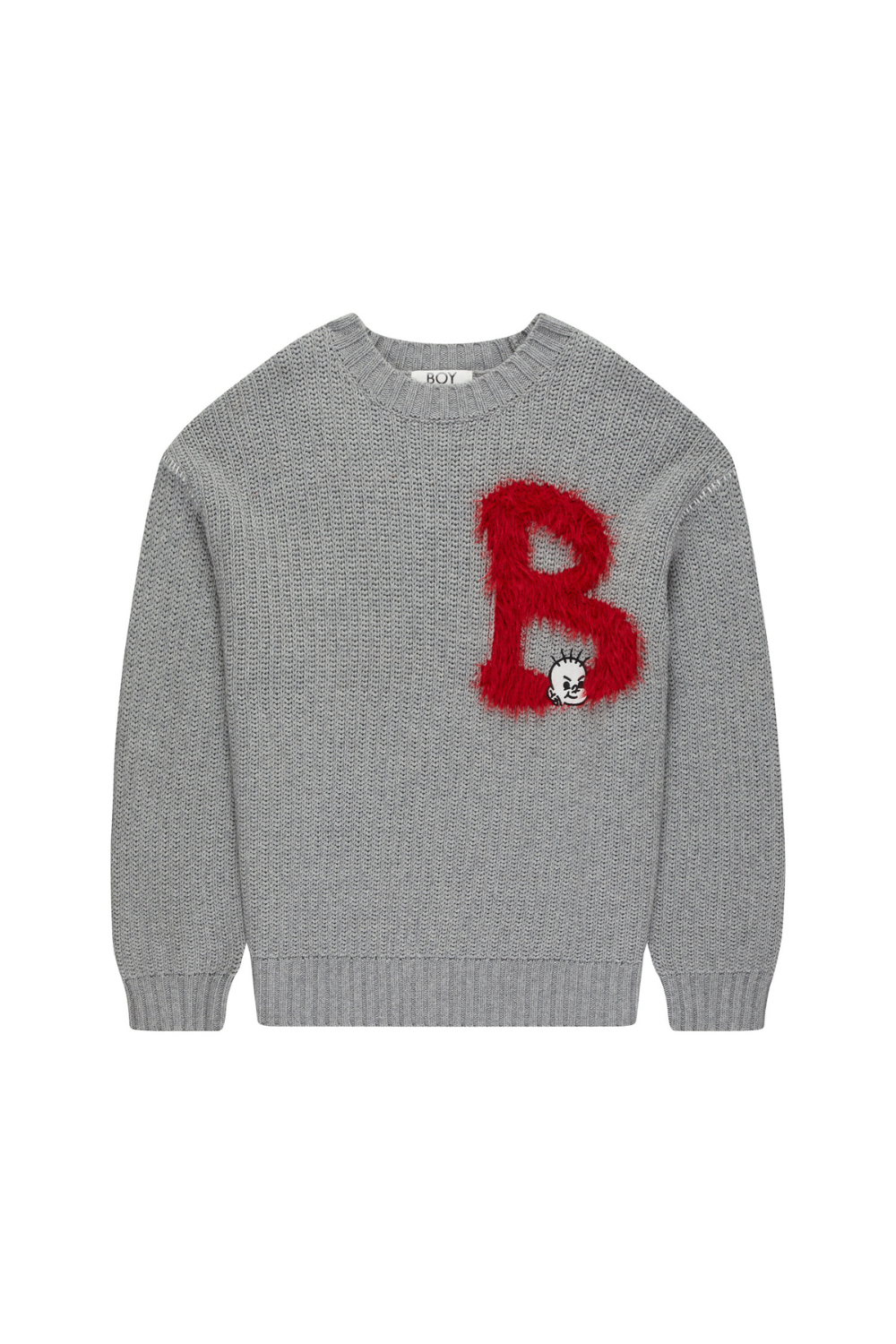 Gray sweater with a red 'B' design on a white background