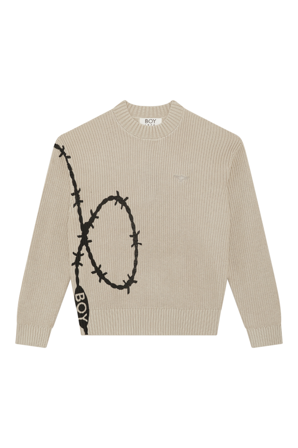 Beige sweater with barbed wire design and 'BOY' branding on a white background