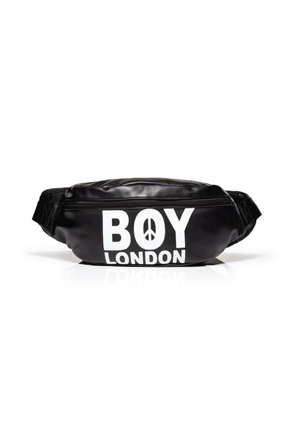 Black waist bag with 'BOY LONDON' logo on a white background