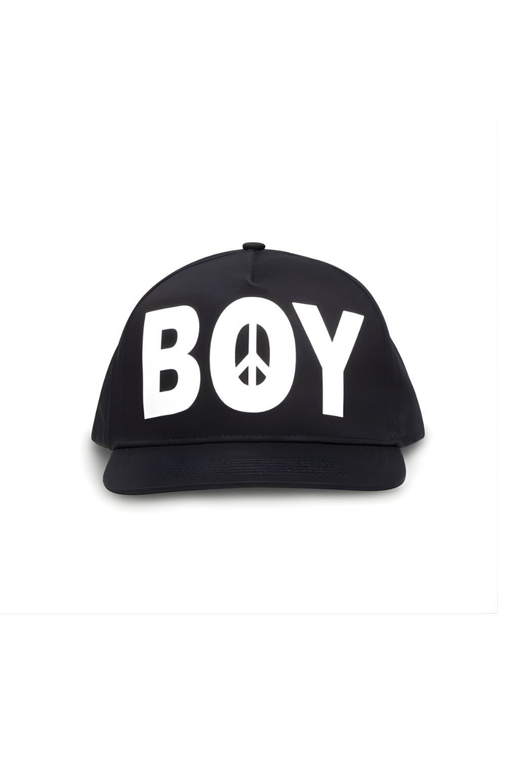 Black cap with 'BOY' and peace symbol on a white background