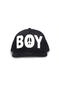 Black cap with 'BOY' and peace symbol on a white background