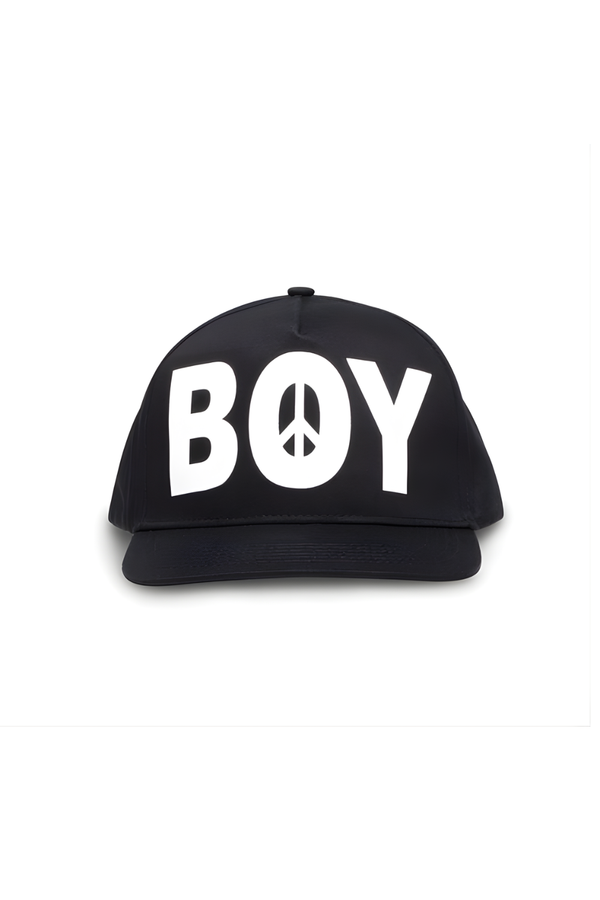 Black cap with 'BOY' and peace symbol on a white background