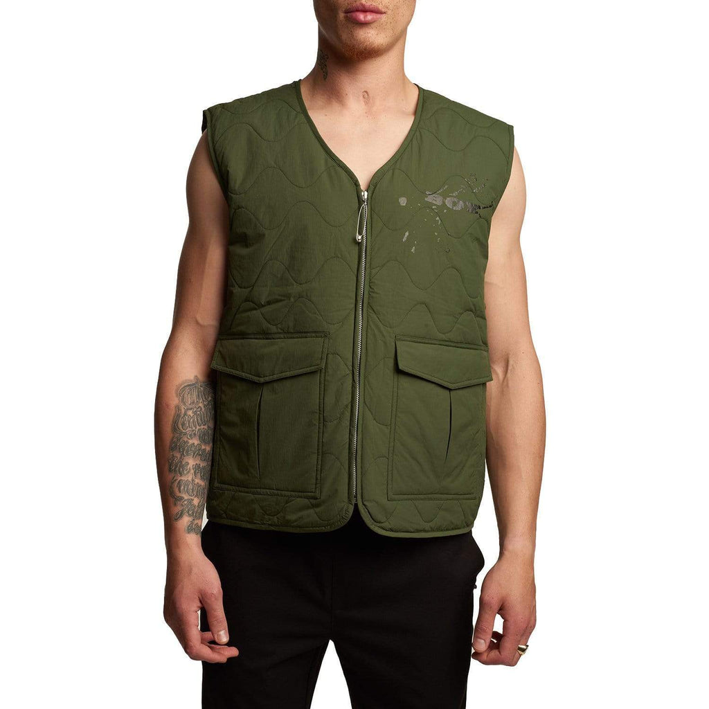 Male model wearing Boy London green gilet on white background