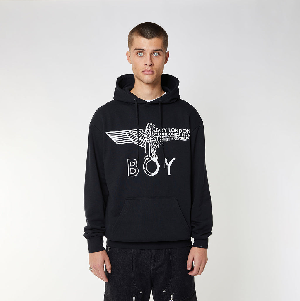 Model wearing BOY London hoodie on white background