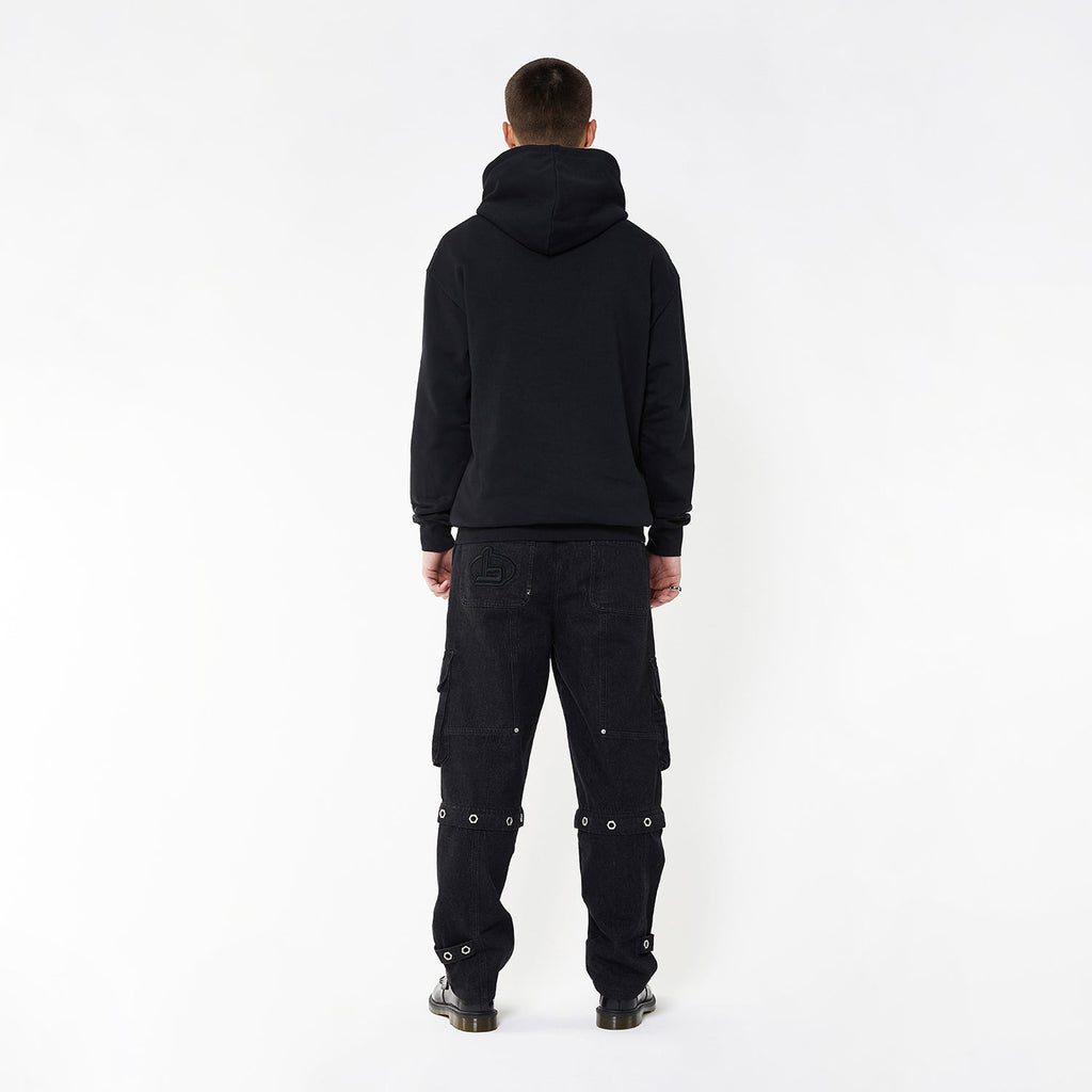 Model wearing BOY London hoodie on white background