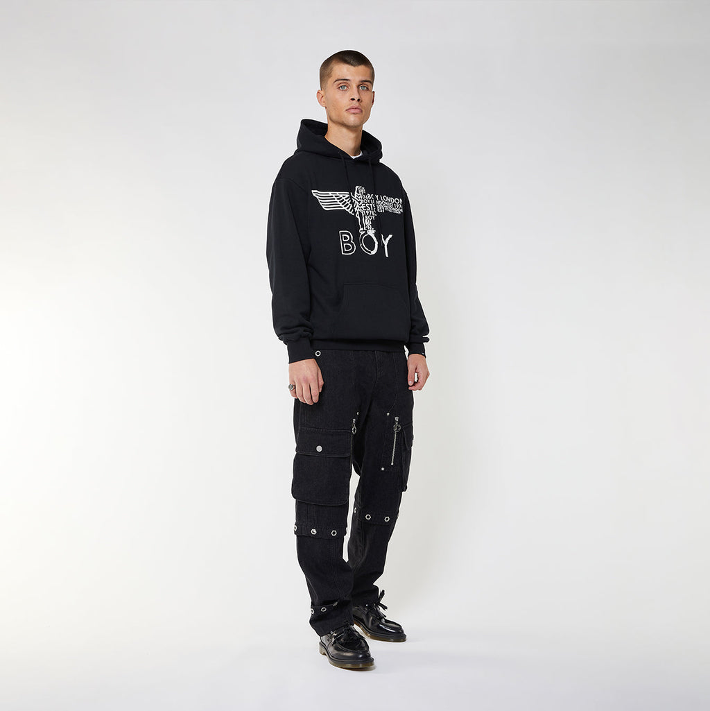Model wearing BOY London hoodie on white background