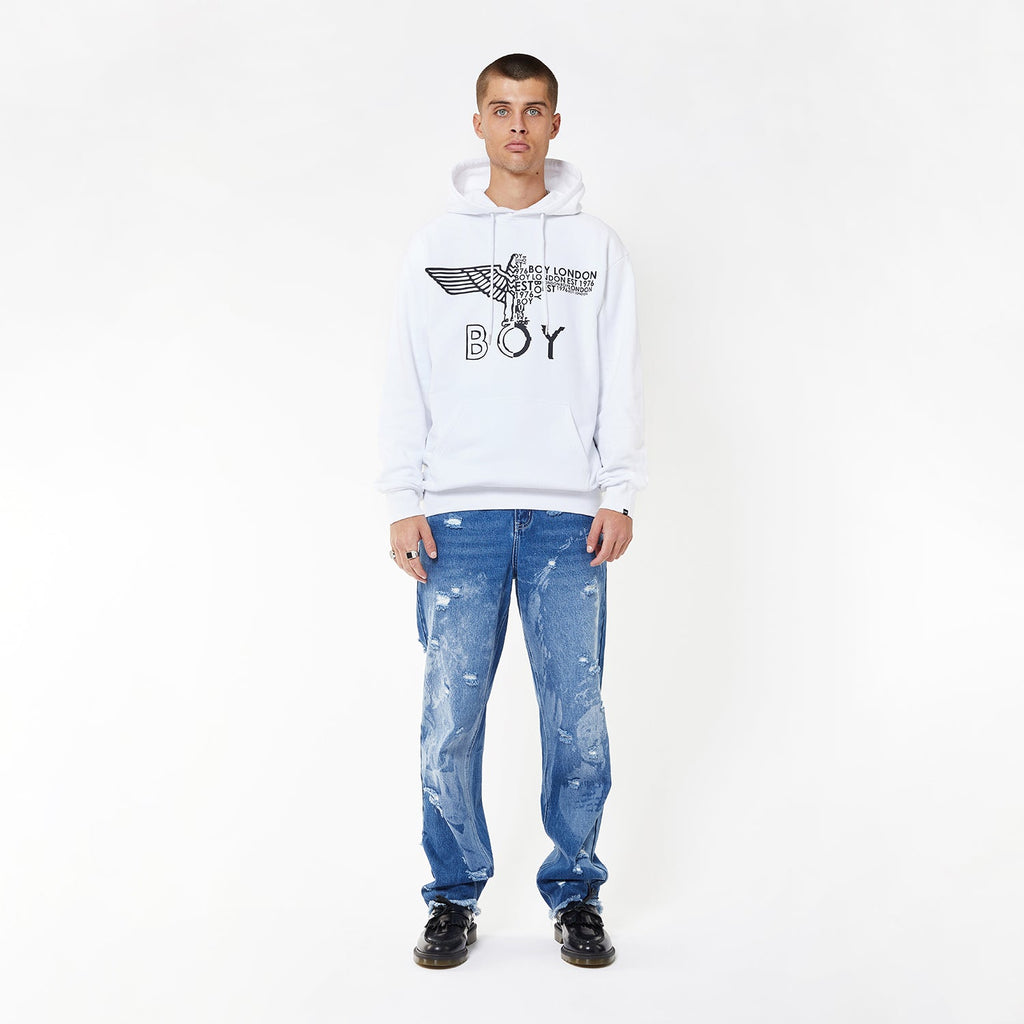 Model wearing BOY London hoodie on white background