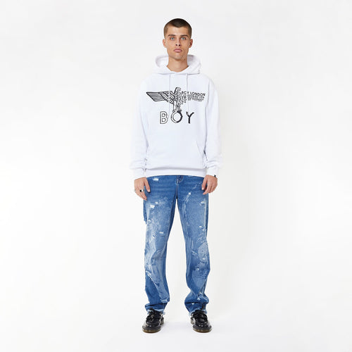 Model wearing BOY London hoodie on white background