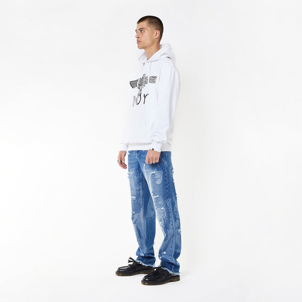 Model wearing BOY London hoodie on white background