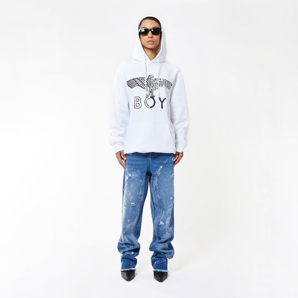 Model wearing BOY London hoodie on white background