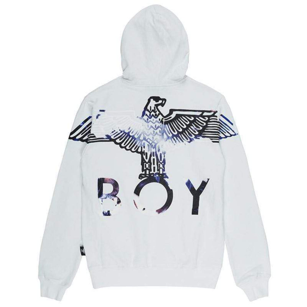 Model wearing BOY London hoodie on white background