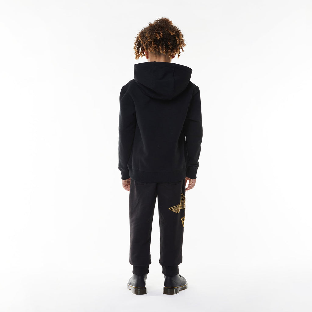 Model wearing Black hoodie with 'BOY' London logo on a white background