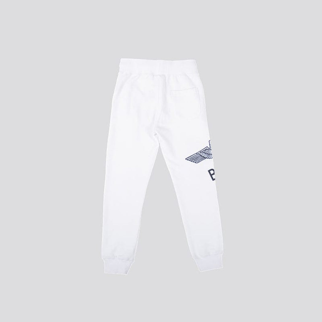 White sweatpants with a logo on a white background