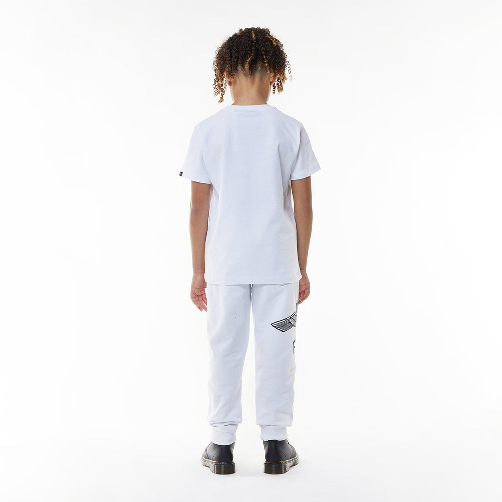 Model wearing White sweatpants with a logo on a white background
