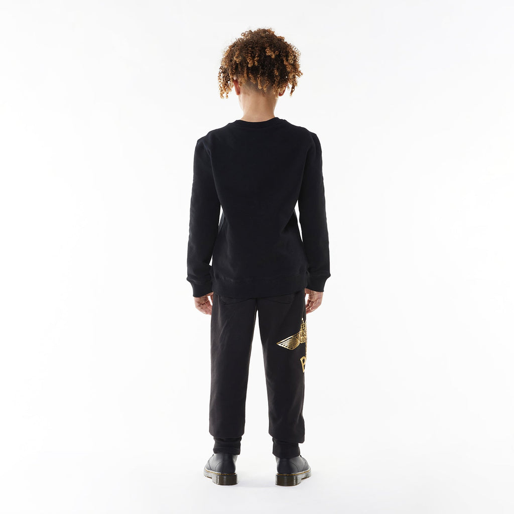 Model wearing Black sweatshirt with 'BOY' and eagle logo on a white background