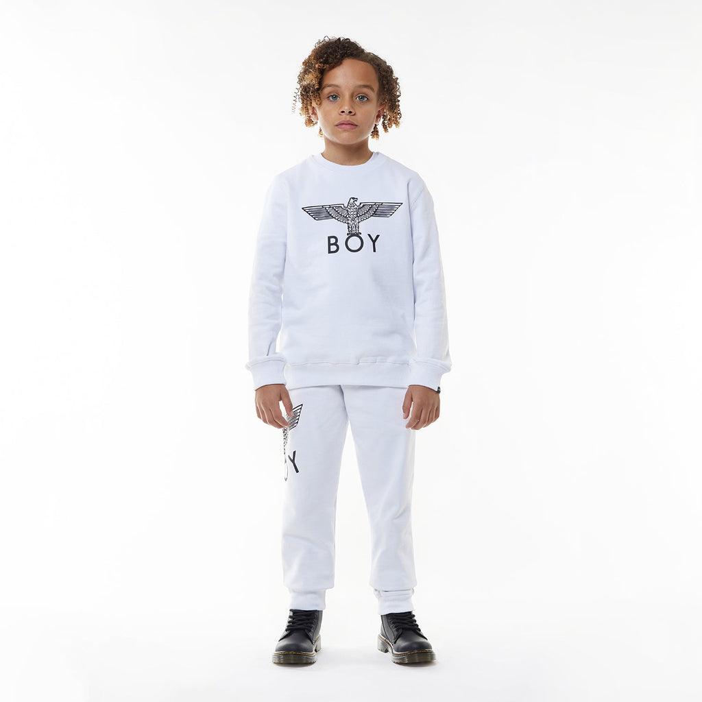 Model wearing White BOY London long-sleeve shirt with brand logo on a white background