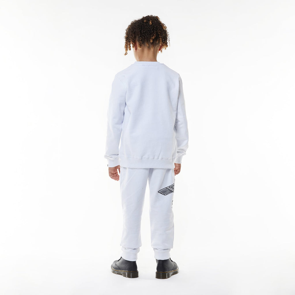 Model wearing White BOY London long-sleeve shirt with brand logo on a white background