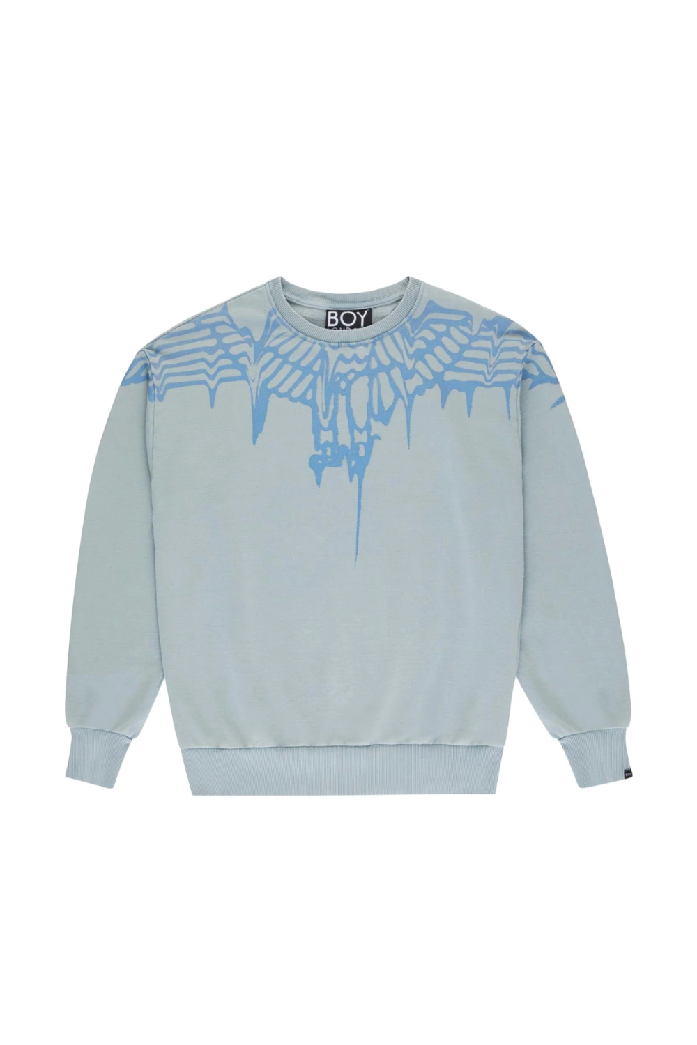Light blue sweatshirt with blue graphic design on a white background