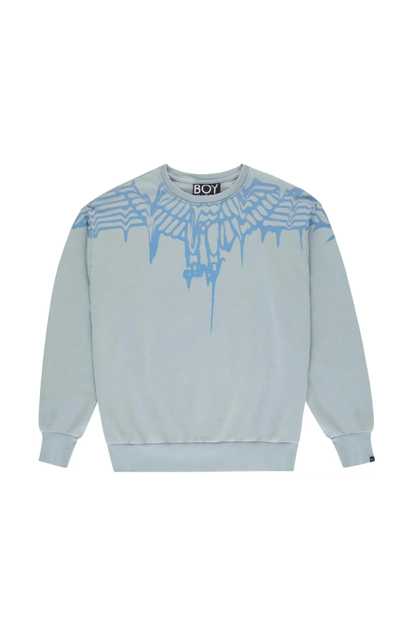 Light blue sweatshirt with blue graphic design on a white background