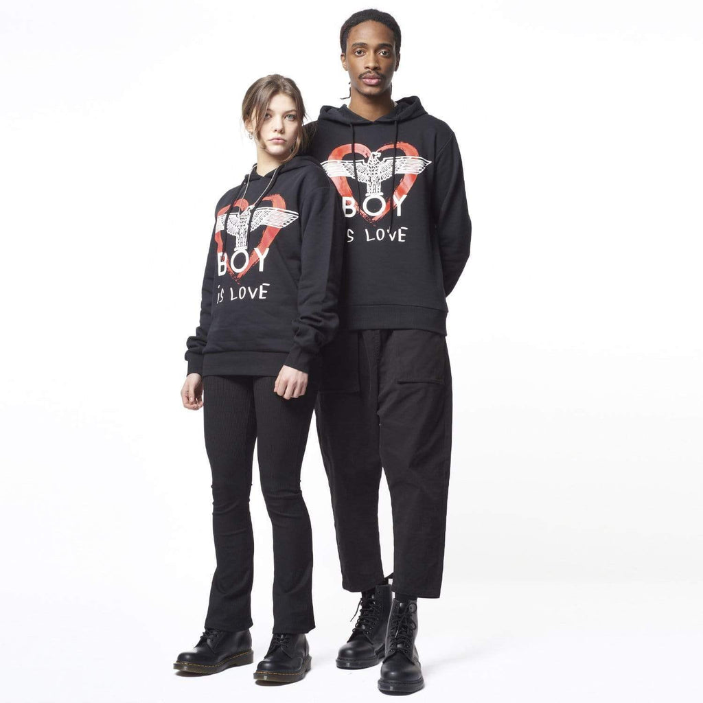 Model wearing BOY London hoodie on white background