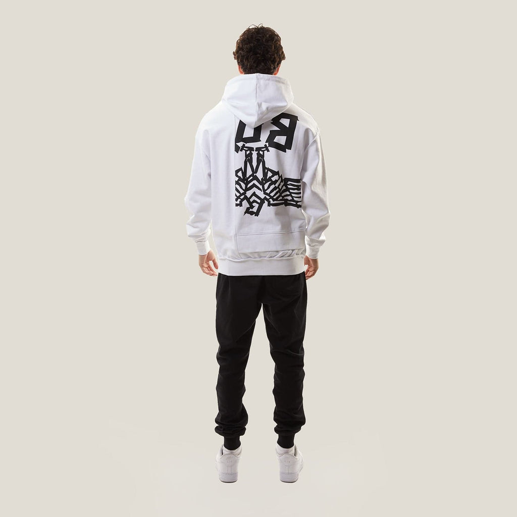 Model wearing White BOY London hoodie with text on a white background