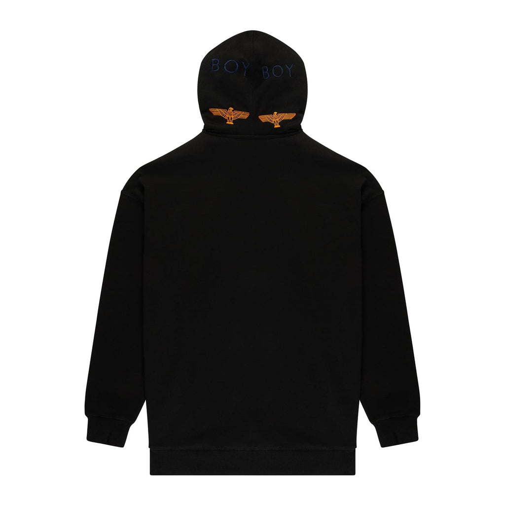 Black hoodie with 'BOY' London and logo pattern on a white background