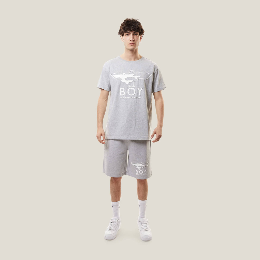 Gray BOY London shorts with a logo on a white background