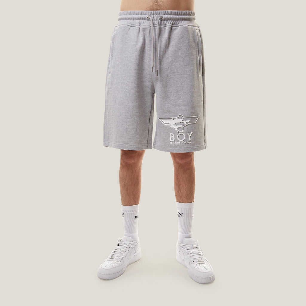Gray BOY London shorts with a logo on a white background