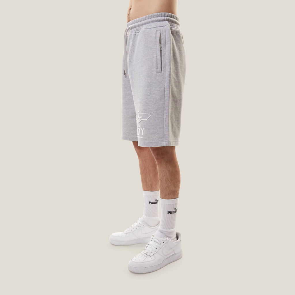 Gray BOY London shorts with a logo on a white background