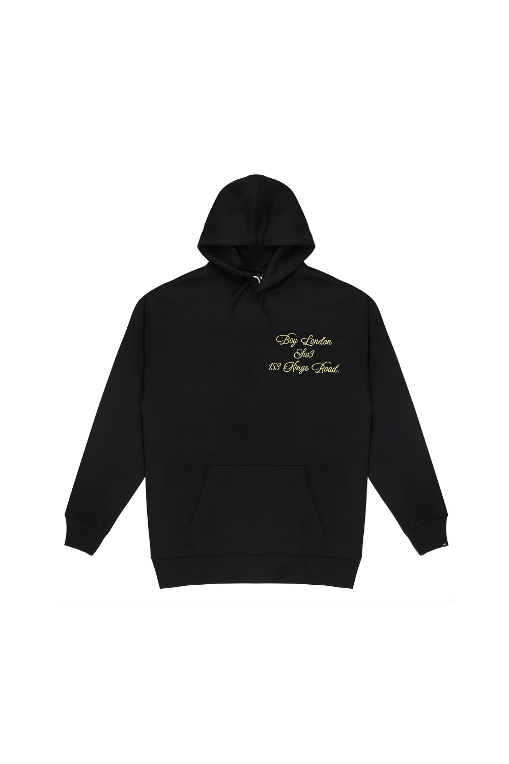 Black hoodie with gold text on a white background