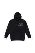 Black hoodie with gold text on a white background
