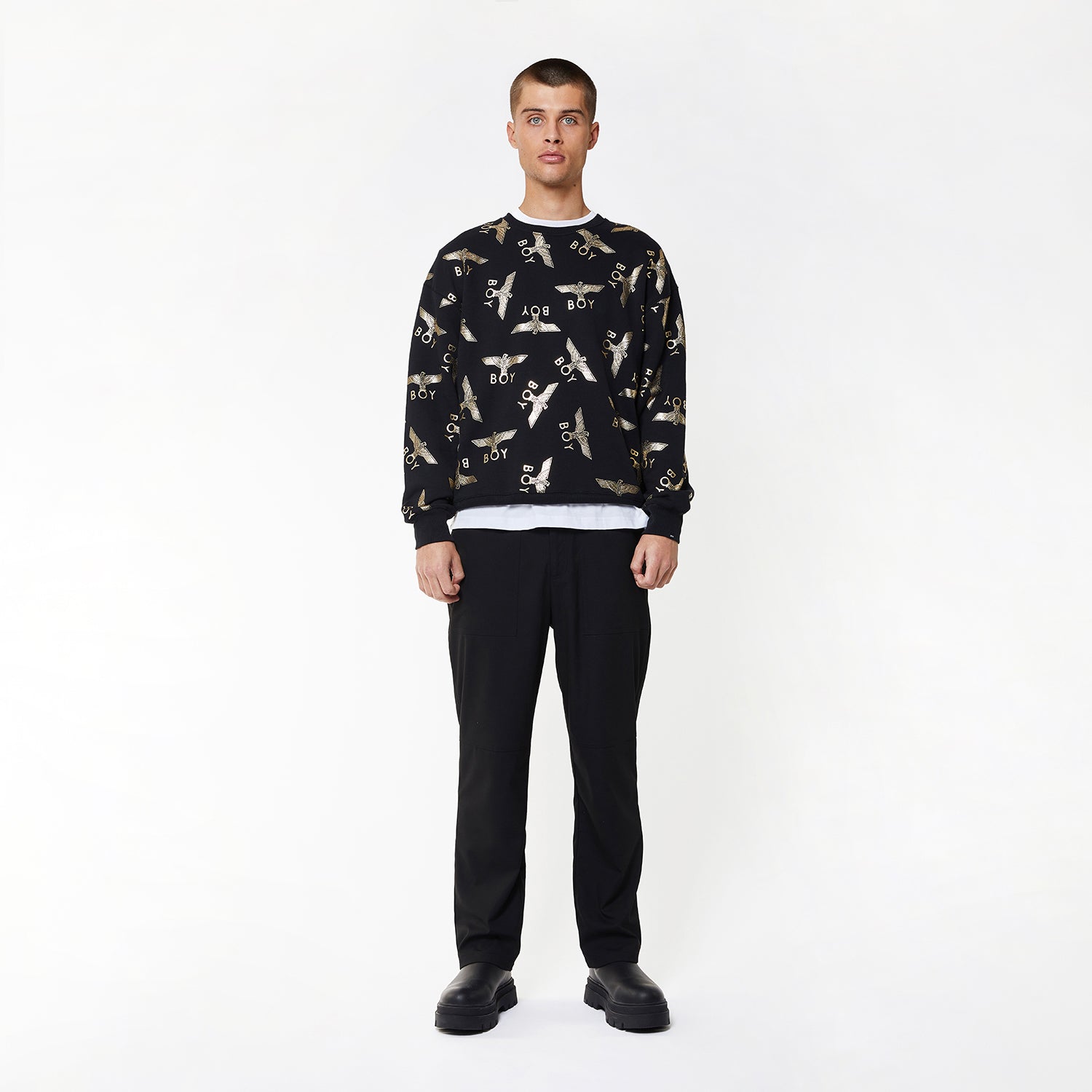 male model wearing BOY REPEAT SWEATSHIRT - BLACK/GOLD