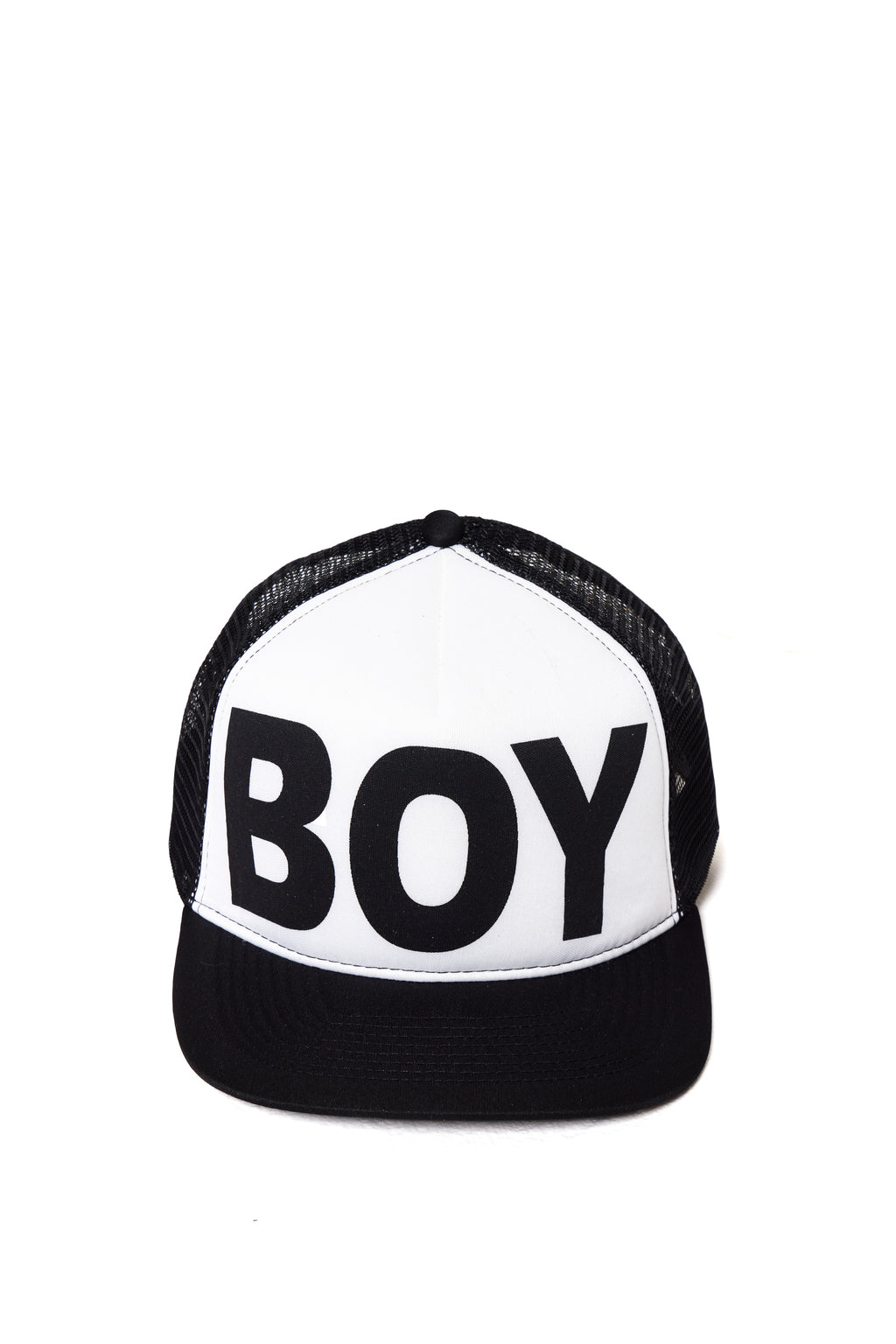 Black and white cap with 'BOY' London text on a white background