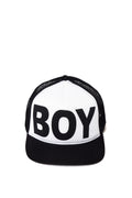 Black and white cap with 'BOY' London text on a white background