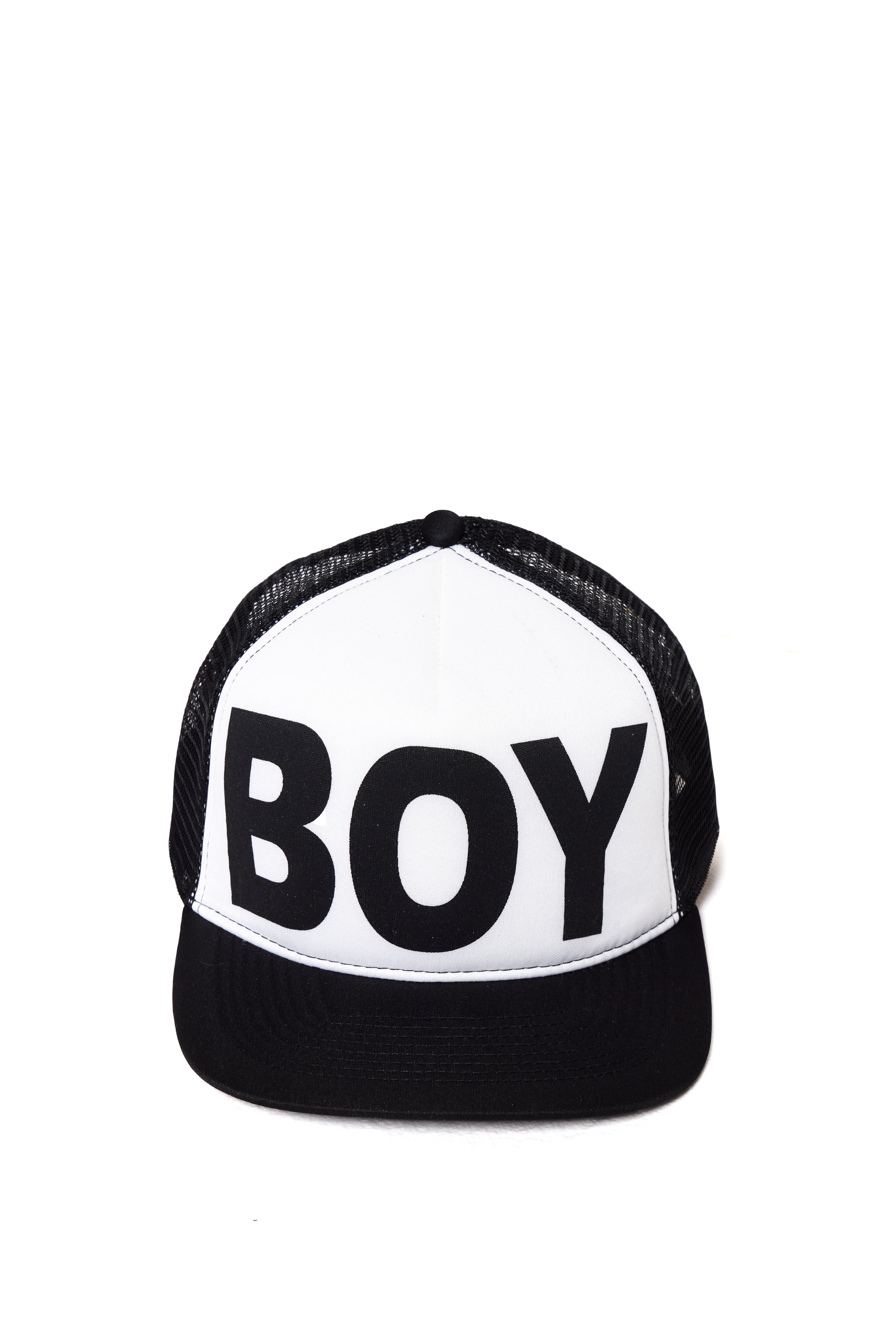 Black and white cap with 'BOY' London text on a white background