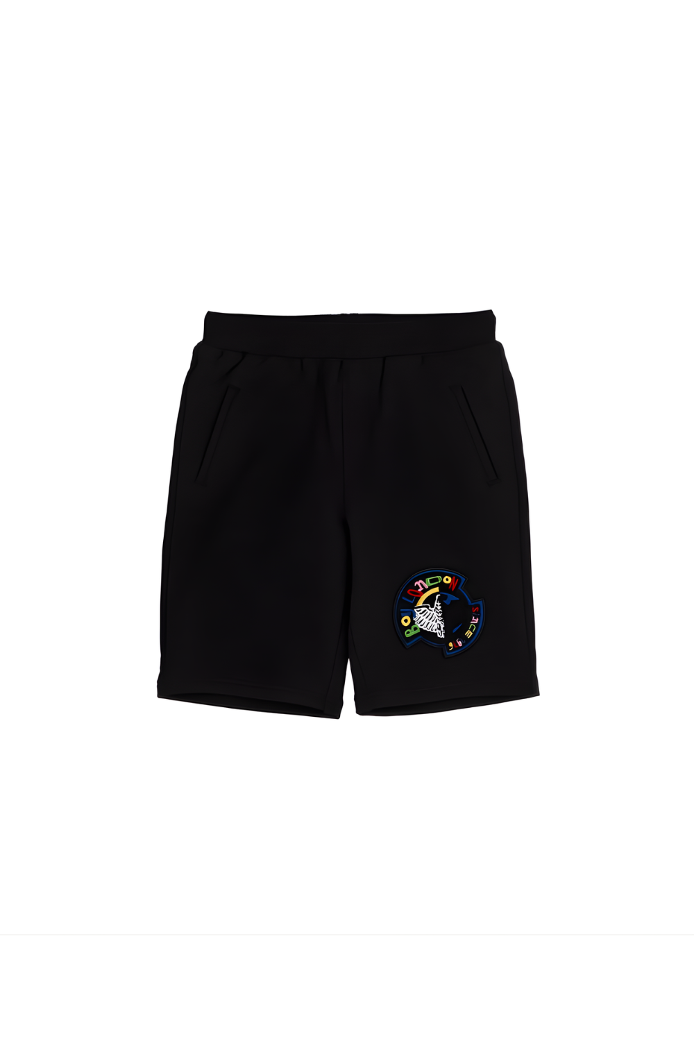 Black shorts with a colorful logo on a white background