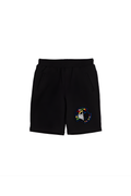 Black shorts with a colorful logo on a white background