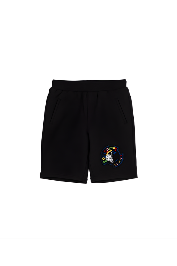 Black shorts with a colorful logo on a white background
