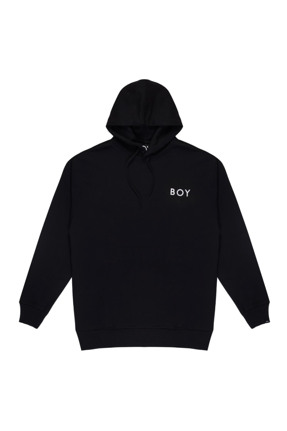 Black hoodie with 'BOY' logo on a white background