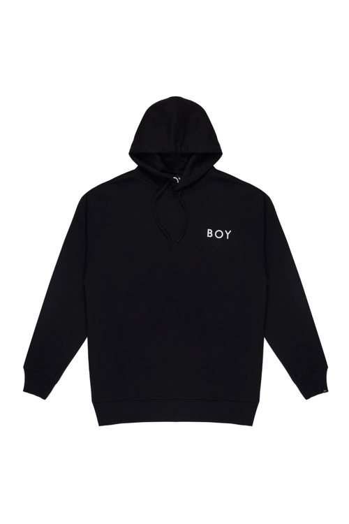 Black hoodie with 'BOY' logo on a white background