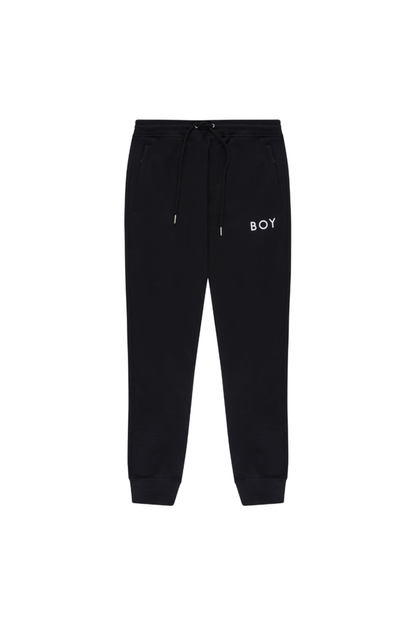 Black sweatpants with 'BOY' london logo on a white background
