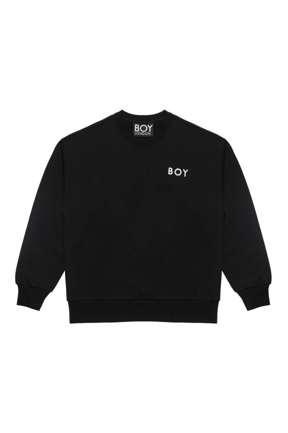 Black sweatshirt with 'BOY' branding on a white background