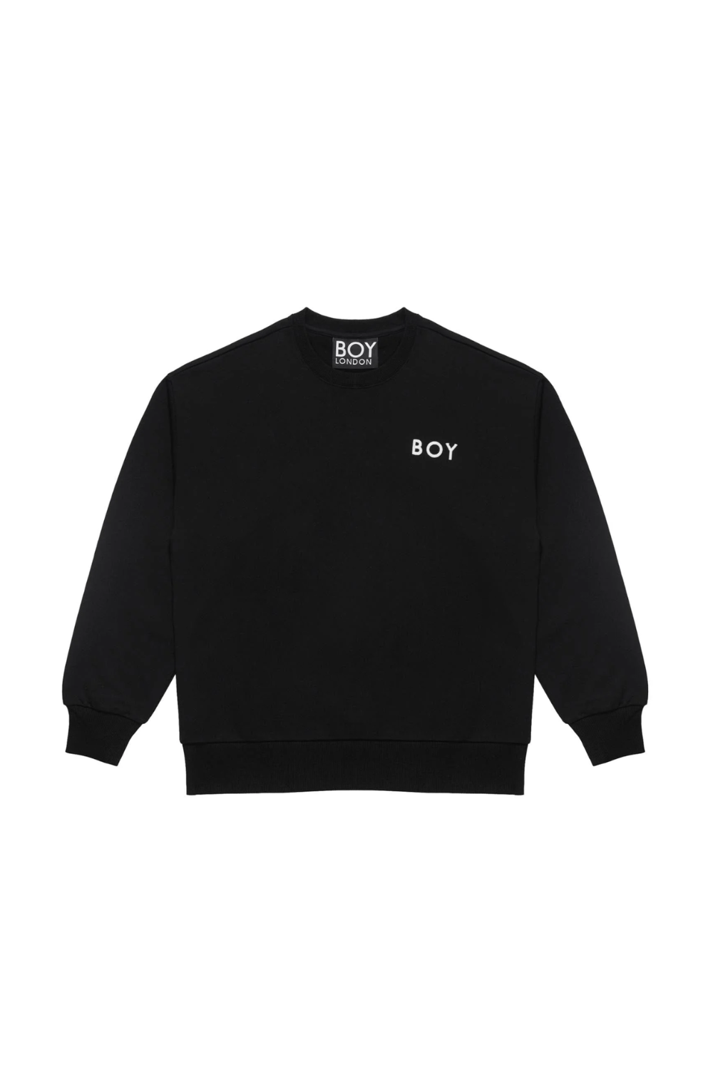 Black sweatshirt with 'BOY' branding on a white background